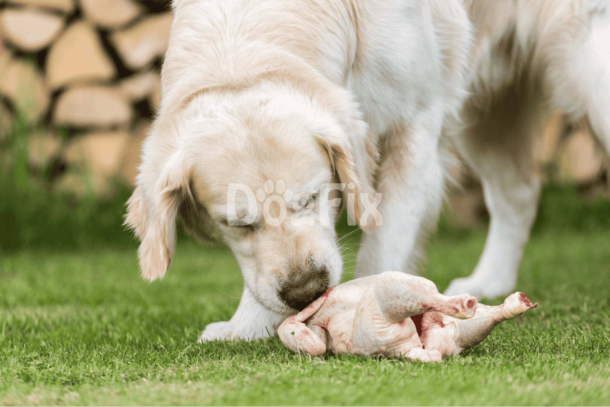 Adorable Golden Retriever puppy playing with raw chicken outdoors in a park setting.