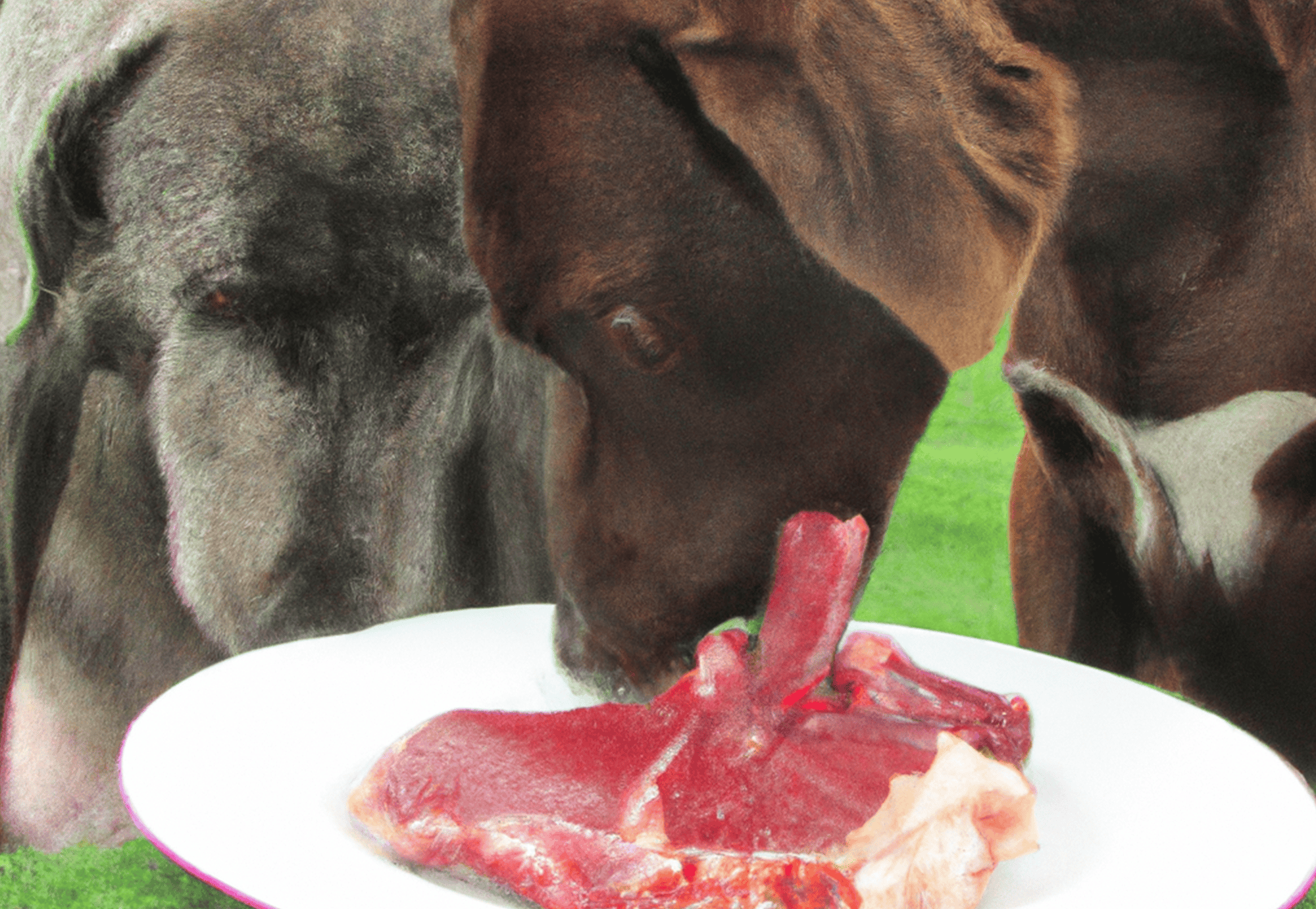 Dogs enjoying raw meat, outdoor setting, highlighting healthy pet nutrition and fresh dog food options.