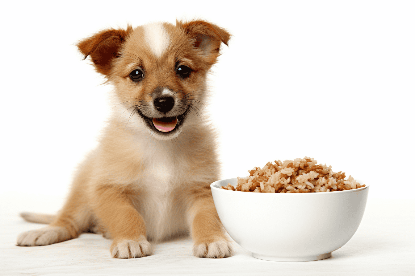 Alt: Adorable puppy sitting next to a bowl of nutritious dog food, highlighting pet nutrition.