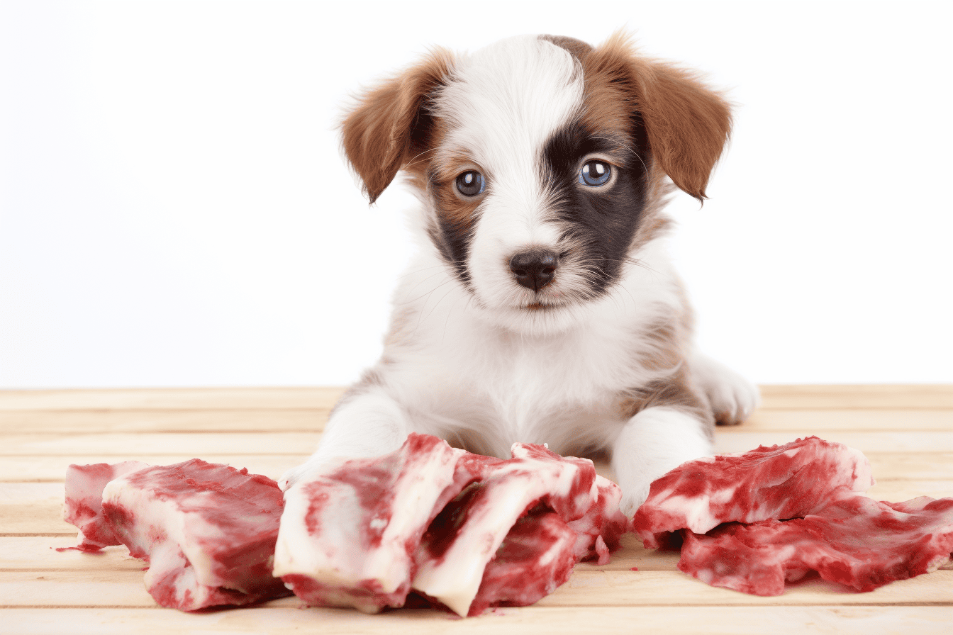 Adorable puppy ready for fresh, healthy raw meat diet for dogs.