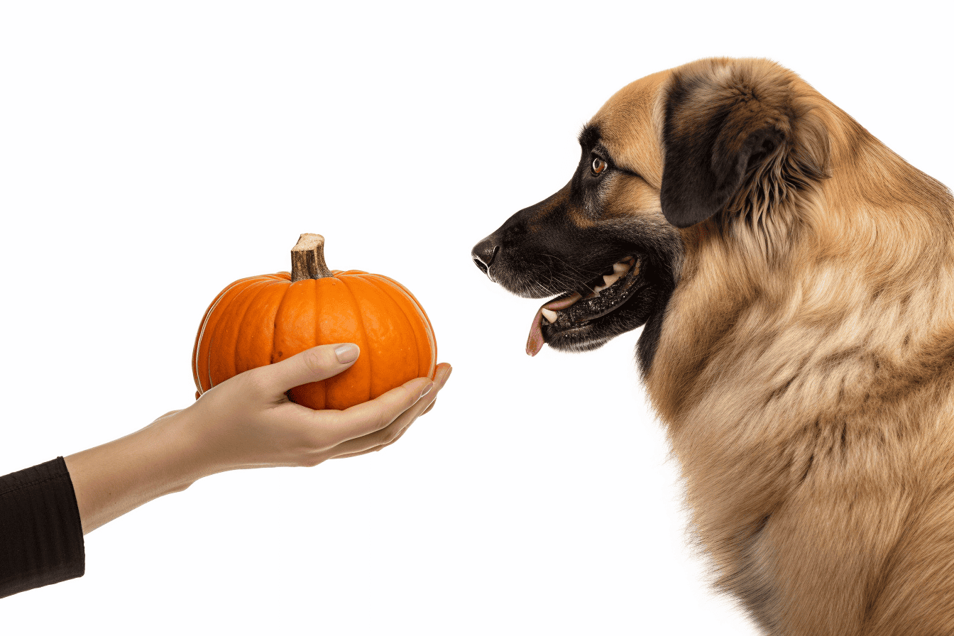 Dog and hand holding a pumpkin treat ready for a dog.