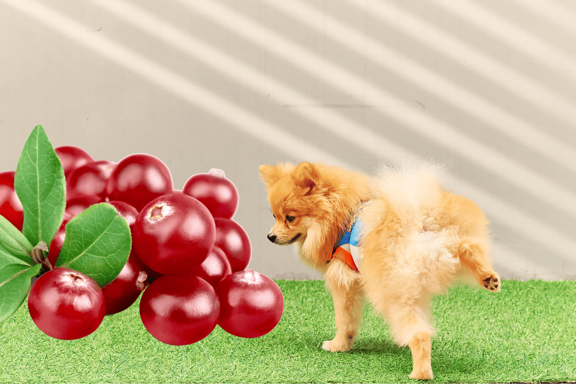 Adorable small dog exploring on artificial grass with cherries and leaves. Perfect for pet and fruit combo images.
