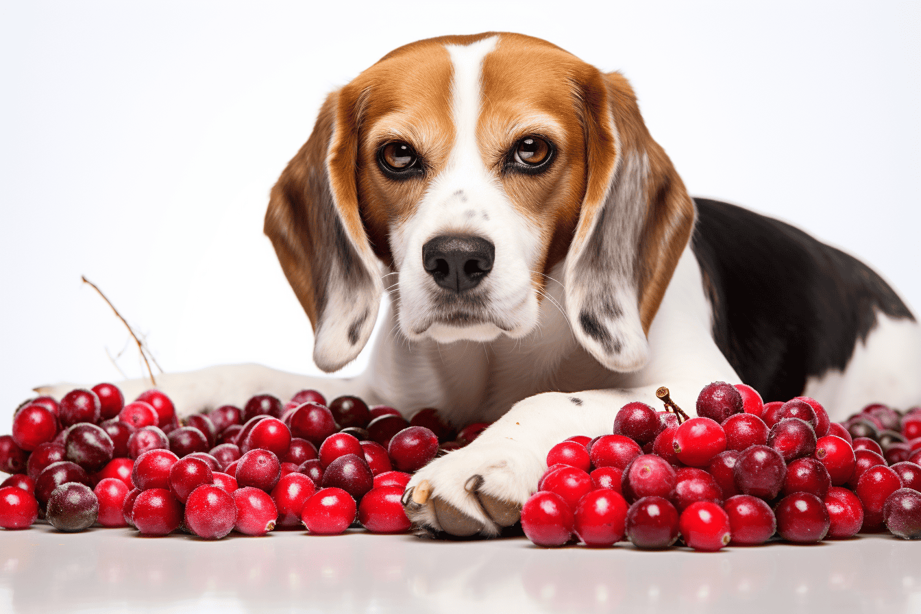 Adorable beagle lying on a bed of fresh red cranberries.