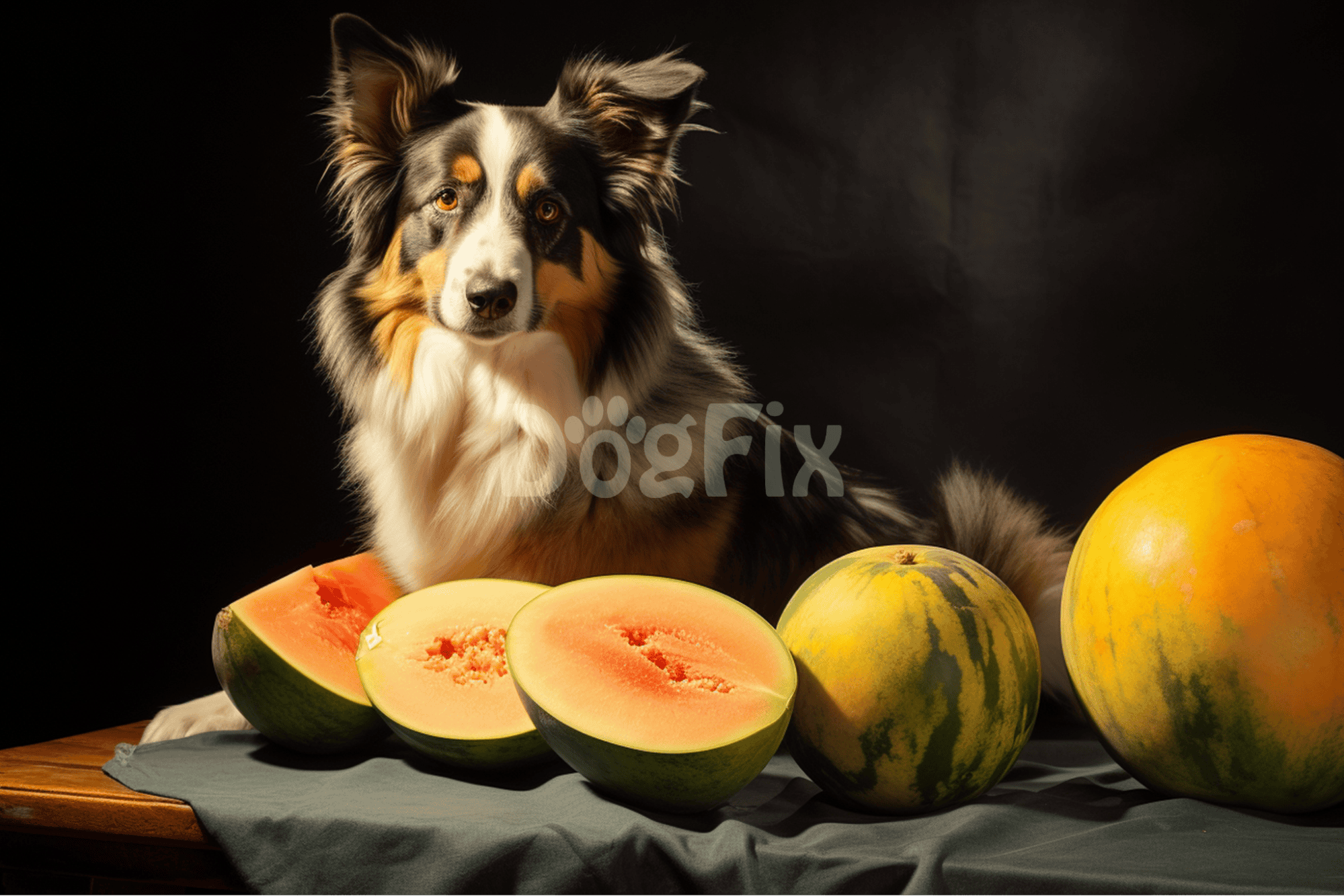 High-quality image of an Australian Shepherd dog with fresh watermelons and cantaloupe melons, perfect for pet and healthy lifestyle content.