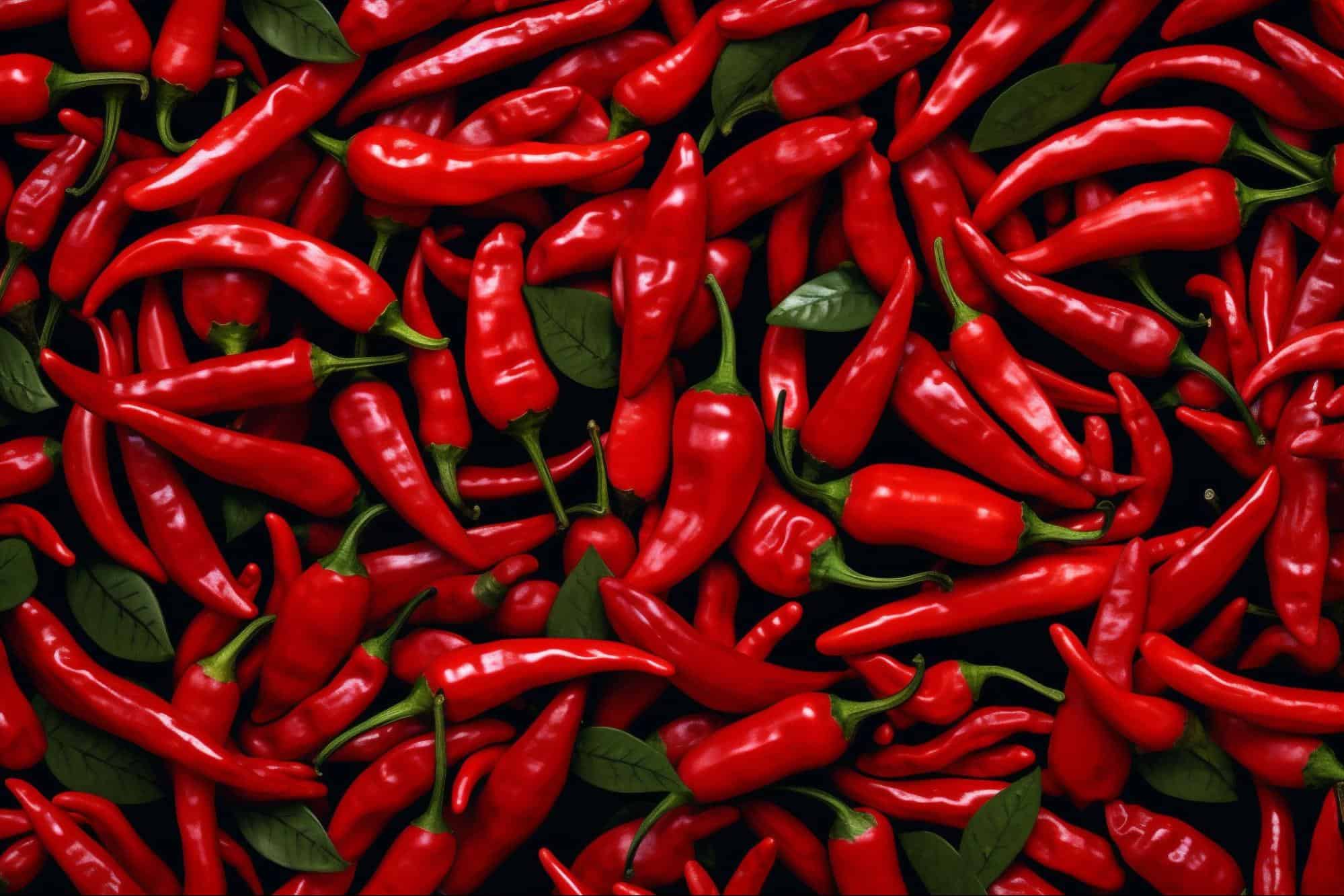 Close-up of fresh red chili peppers with green leaves, ideal for spicy food recipes.