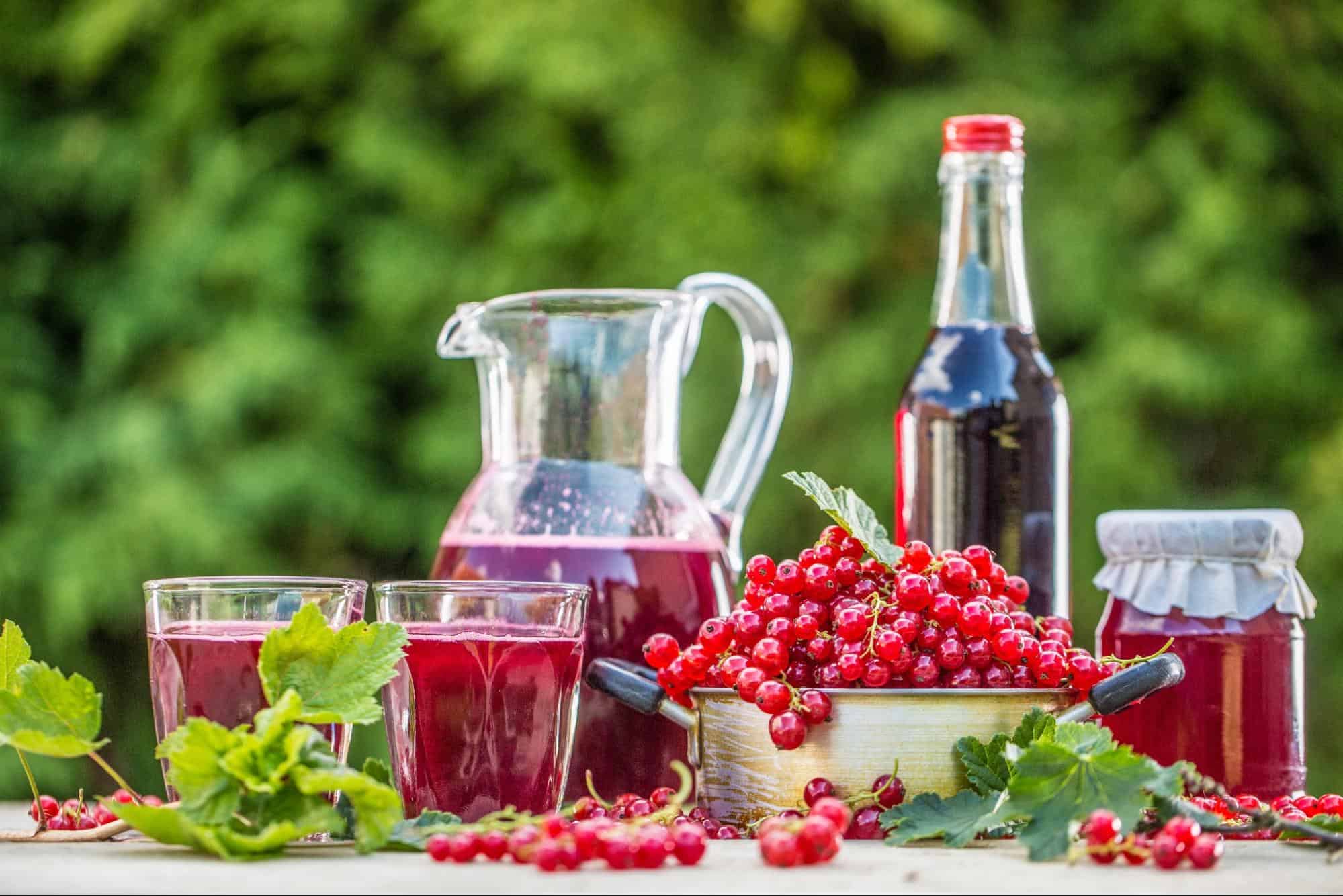 Bright red currants, juice, and berry products displayed outdoors for healthy refreshment and natural ingredients.
