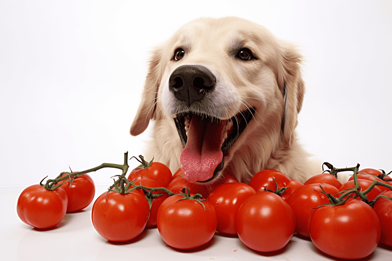 Happy dog with tomatoes, healthy dog food, pet care.