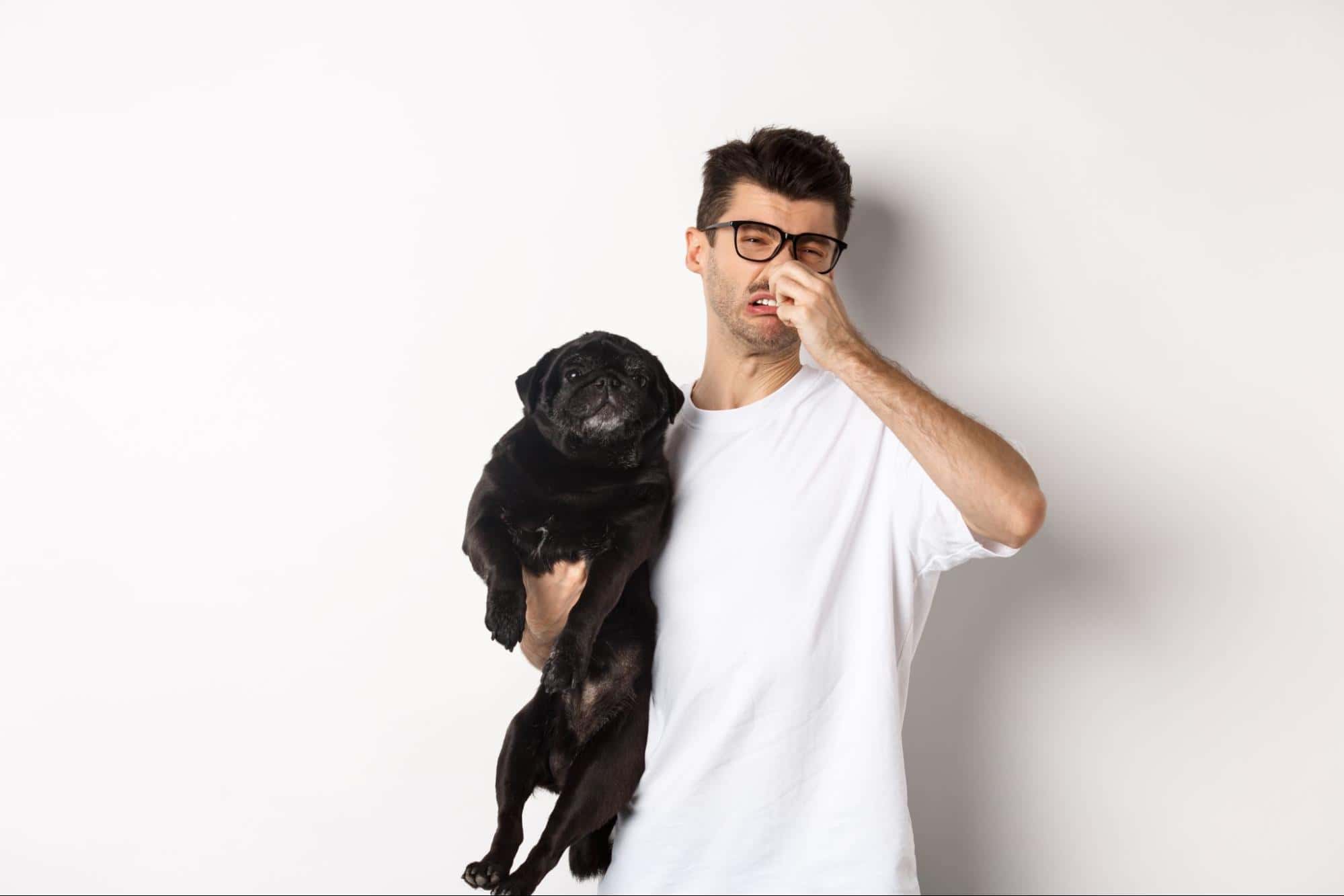 A man in a white T-shirt scratching his nose while holding a black pug dog on his arm.