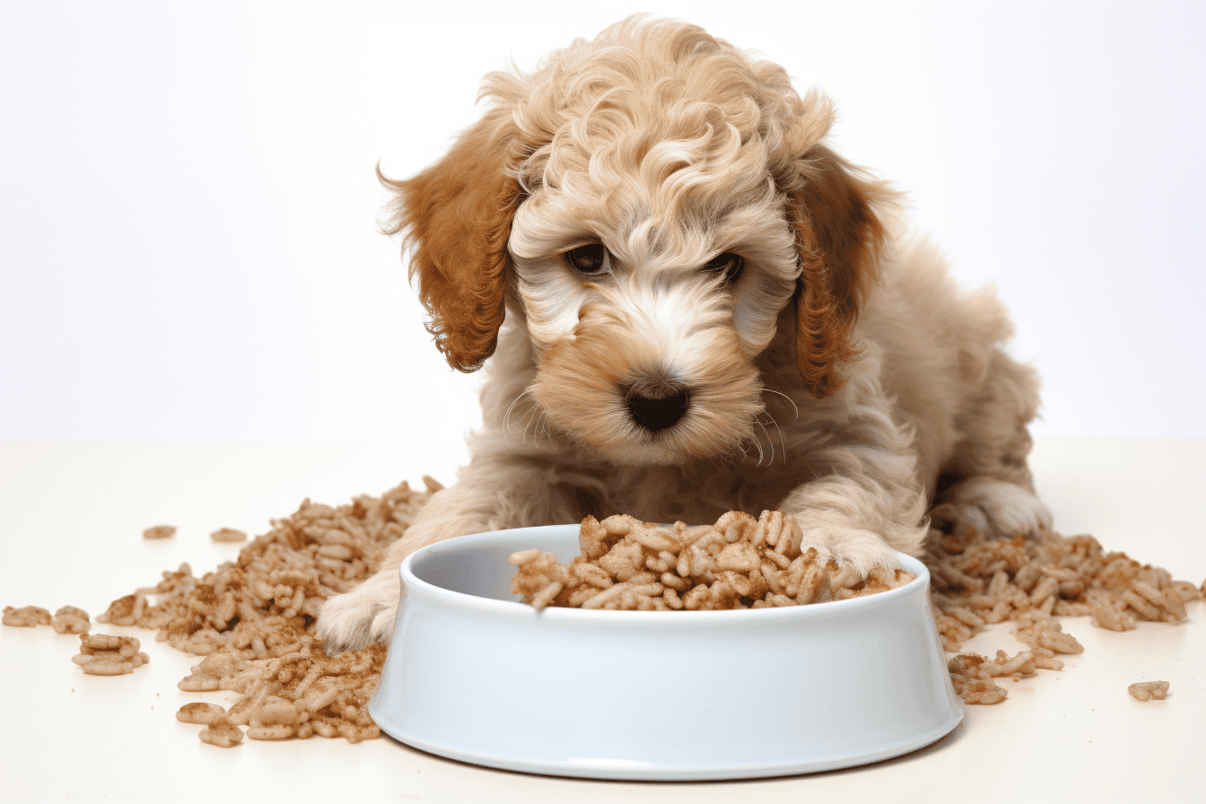 Close-up of a dog enjoying a treat with a staff spoon in the background.