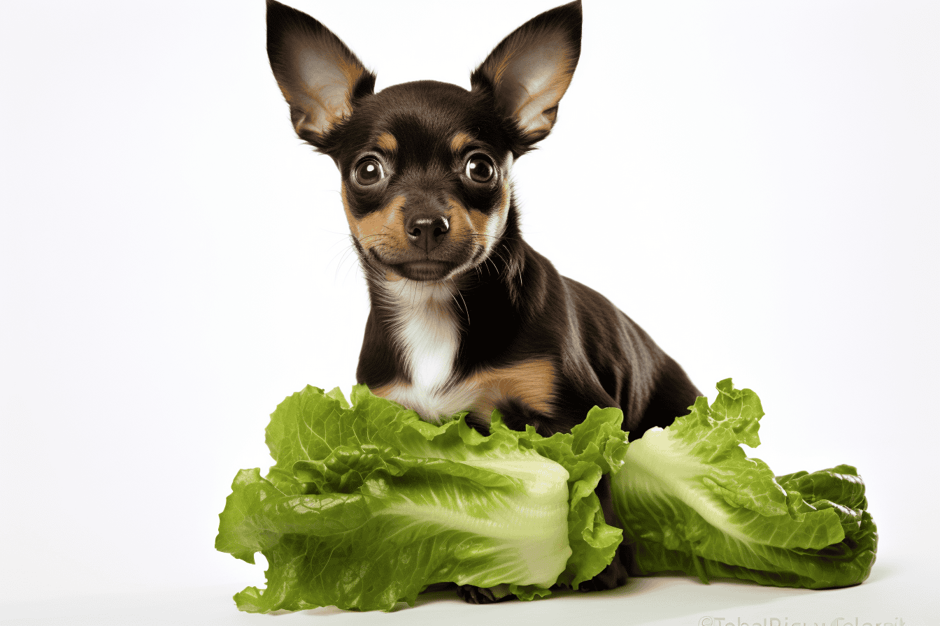 Dog with fresh lettuce leaves.