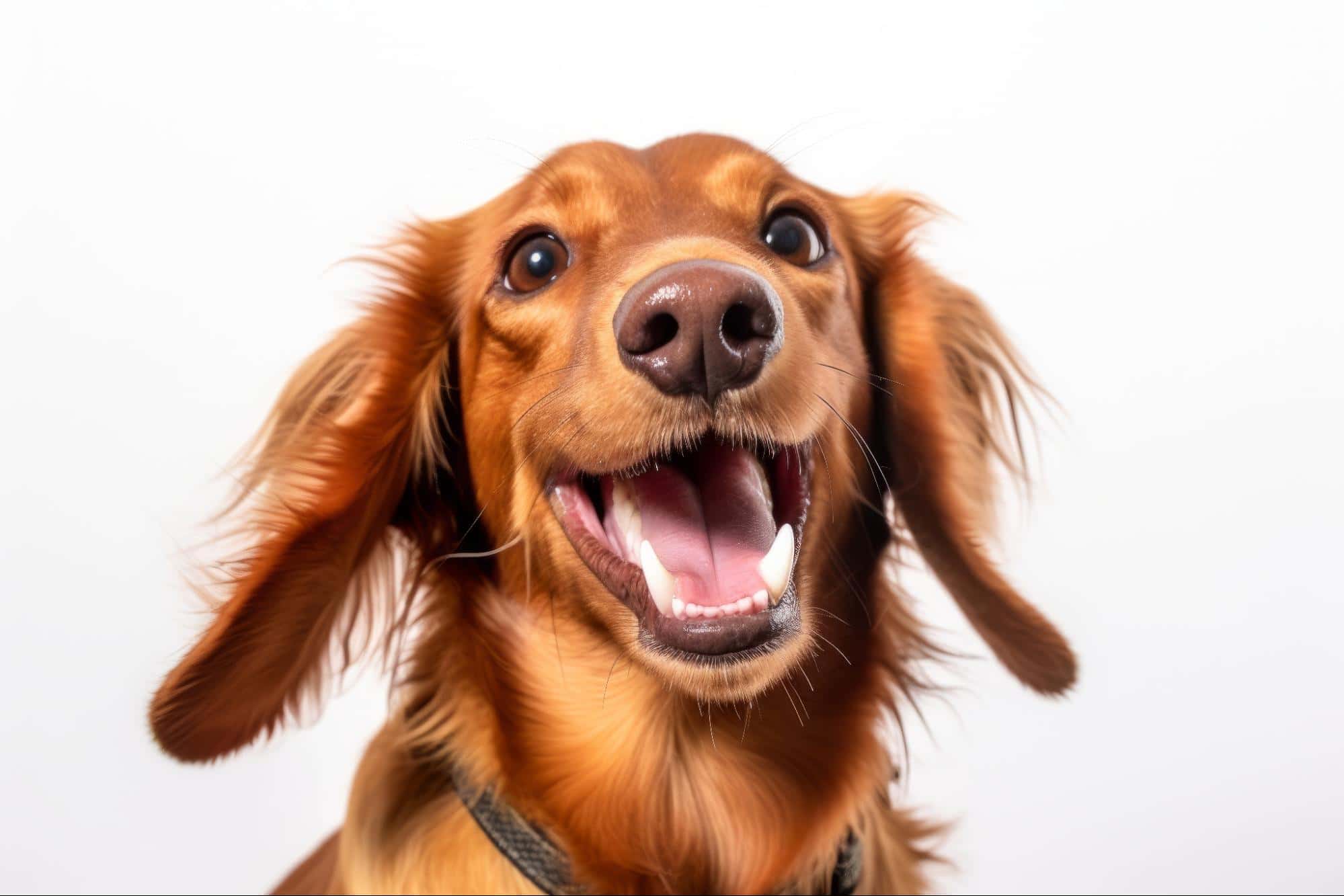 Dog with joyful, excited expression, close-up portrait against plain background.