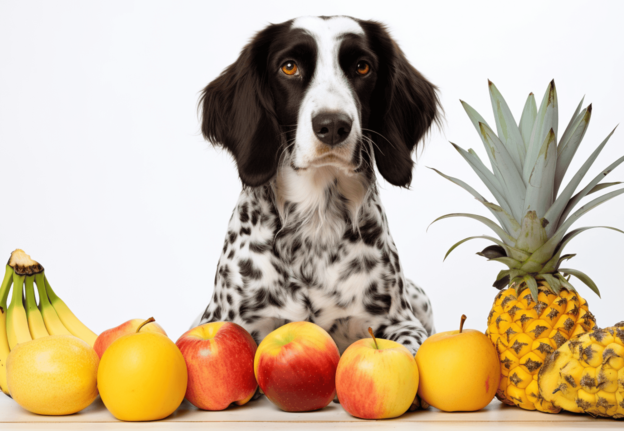 Adorable dog sitting among colorful fruits like apples, bananas, and pineapple, promoting pet health and nutrition.