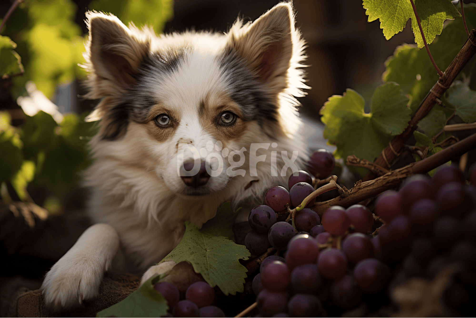 Adorable Australian Shepherd puppy exploring vineyard grape bunches, showcasing playful, nature-loving behavior.