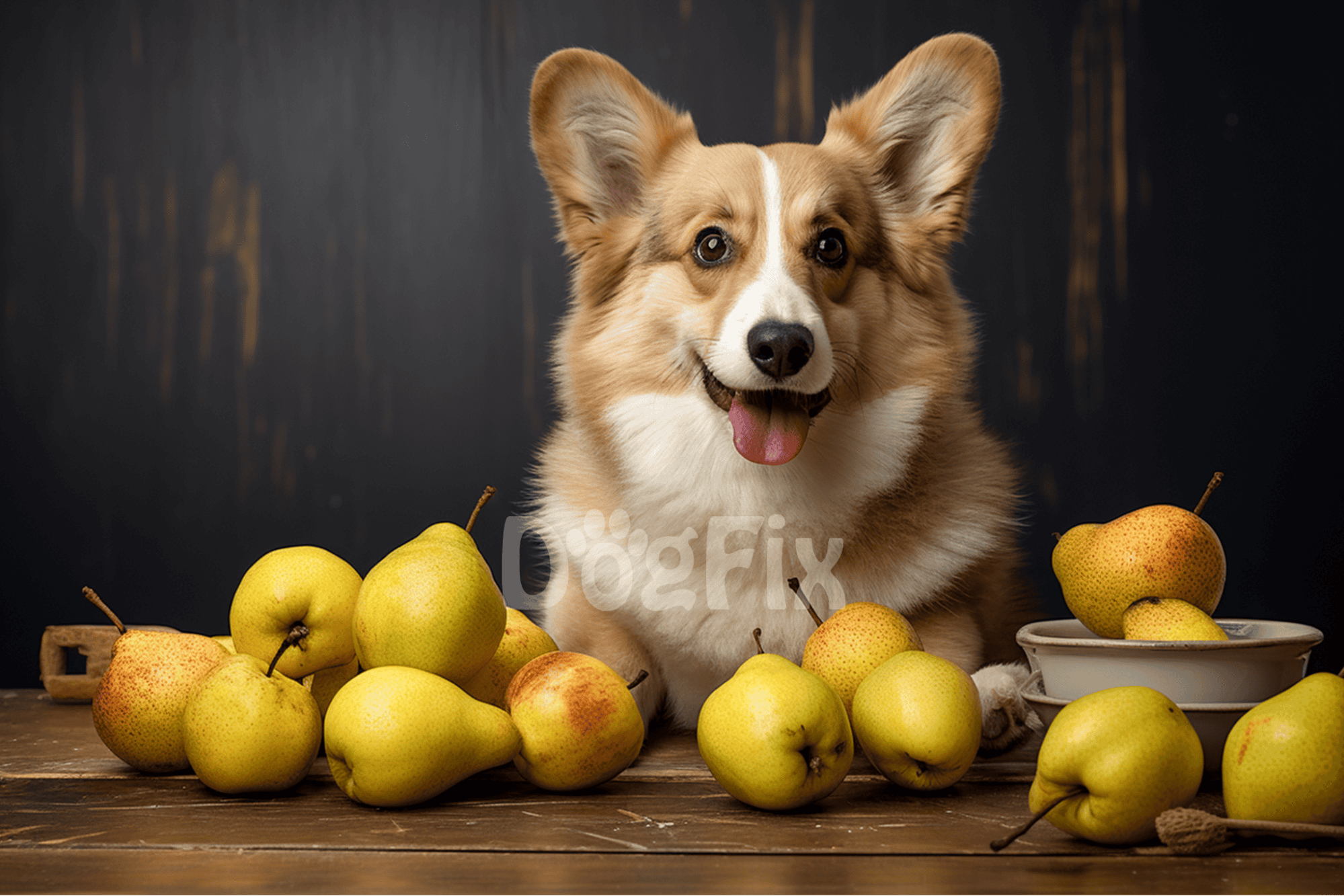 Adorable dog surrounded by fresh yellow and green pears on rustic wooden table.