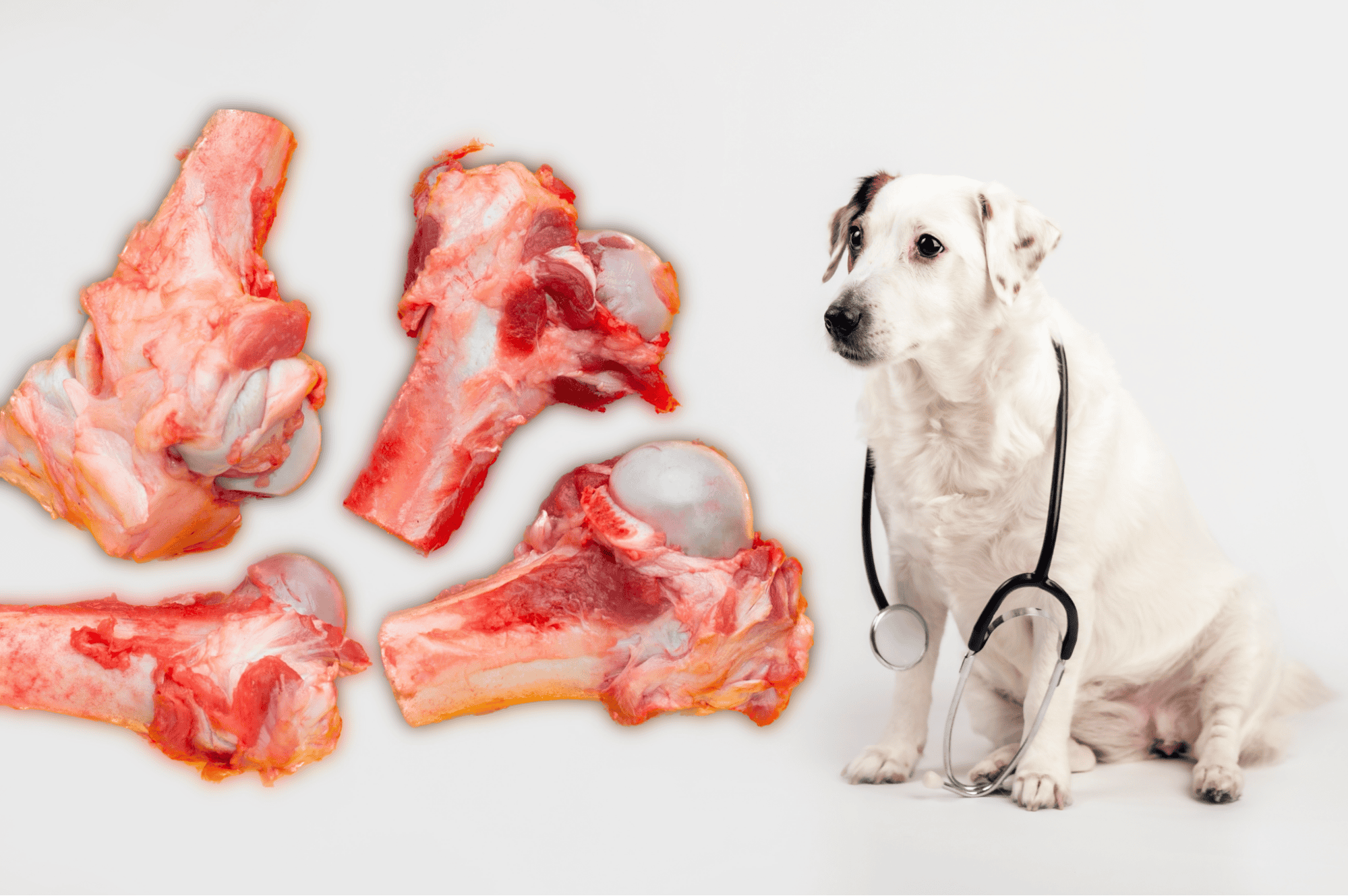 Fresh raw dog bones with a cute puppy, veterinary health, pet nutrition.