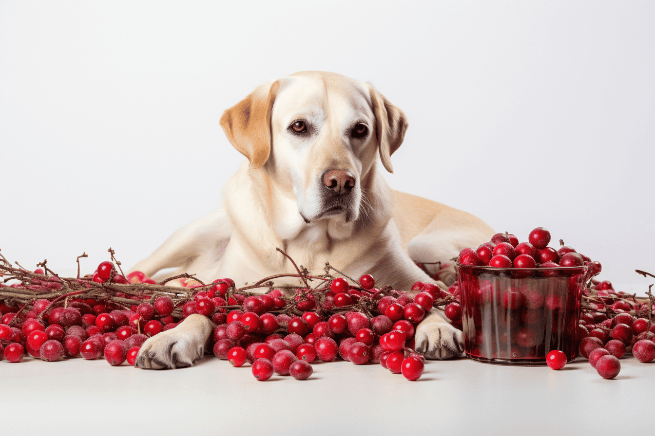 Dog with cranberries, healthy treat for pets.