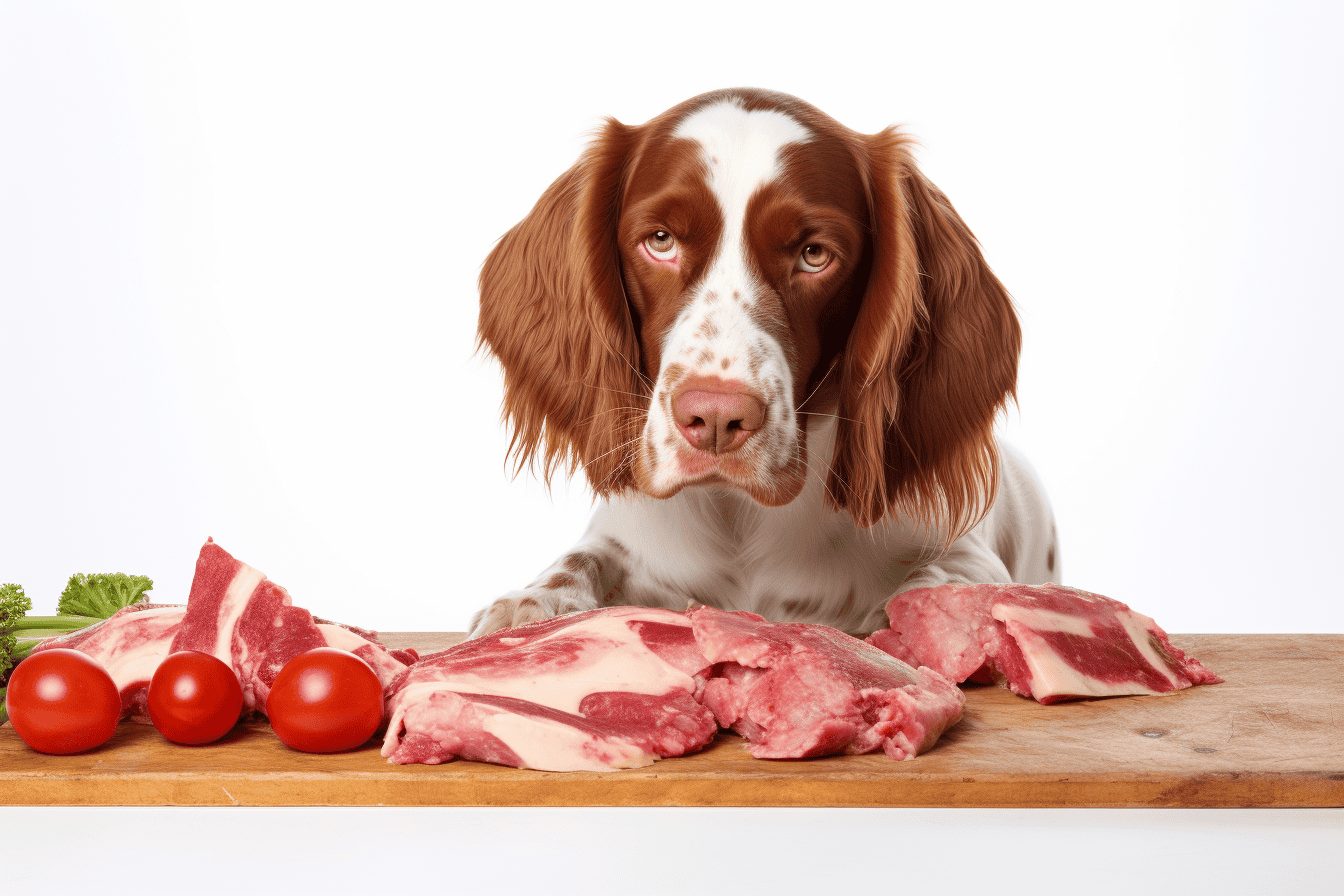 Dog eating fresh raw meat, tomatoes, and greens for healthy diet.