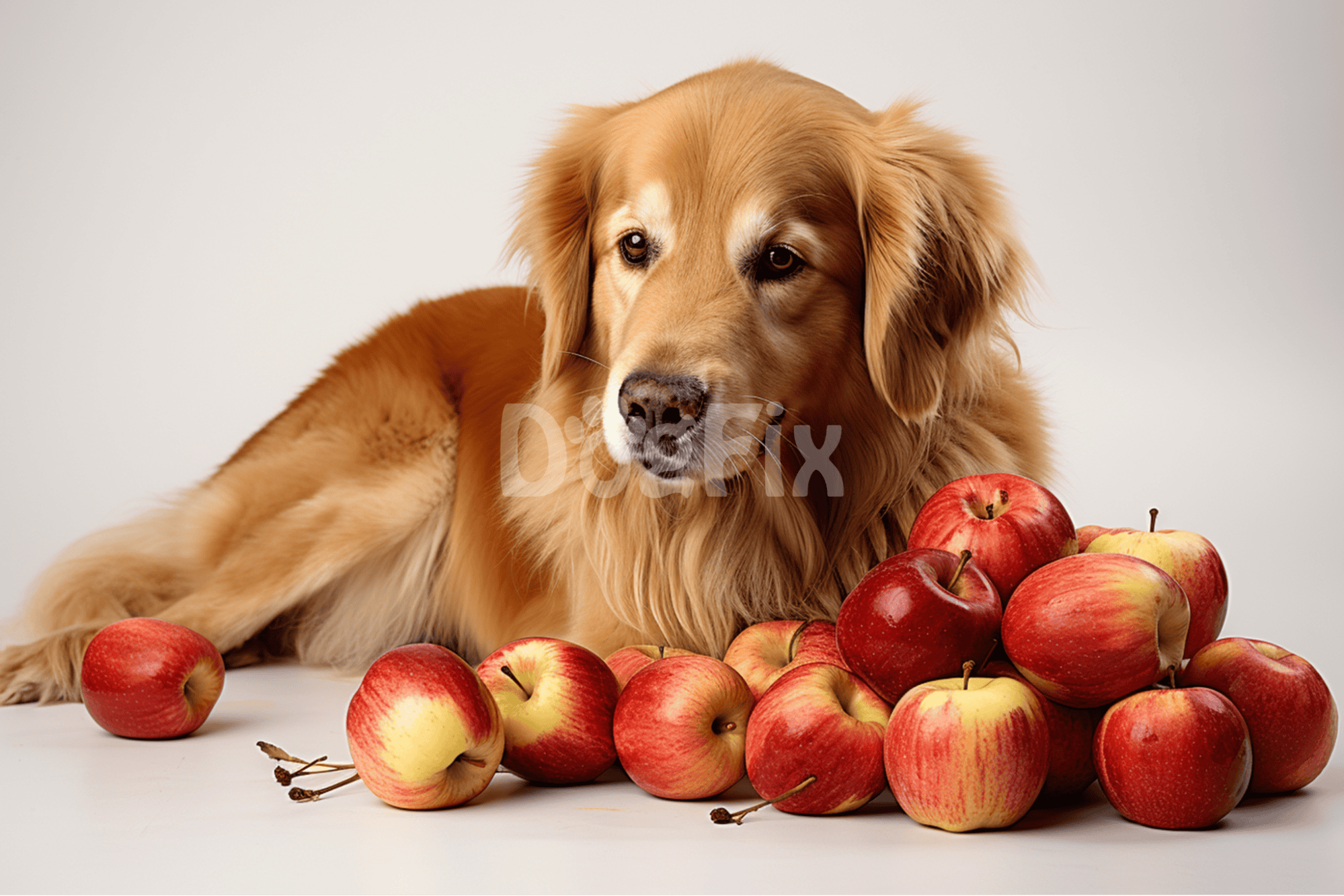 Adorable Golden Retriever lying beside a bunch of fresh apples on a white background. Perfect for pet and dog care images.