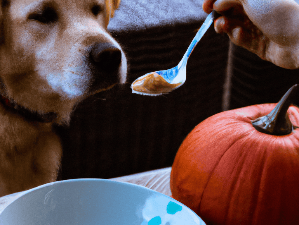Close-up of a dog licking a pumpkin-flavored treat from a spoon, with a pumpkin and dog bowl in the background.