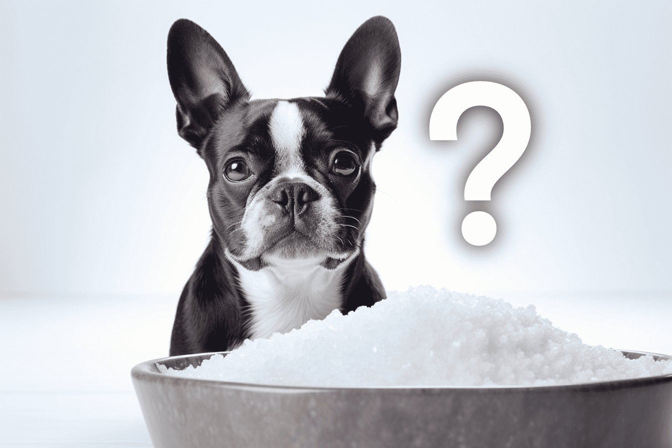 Adorable Boston Terrier with salt in foreground, question mark highlights pet nutrition choices.