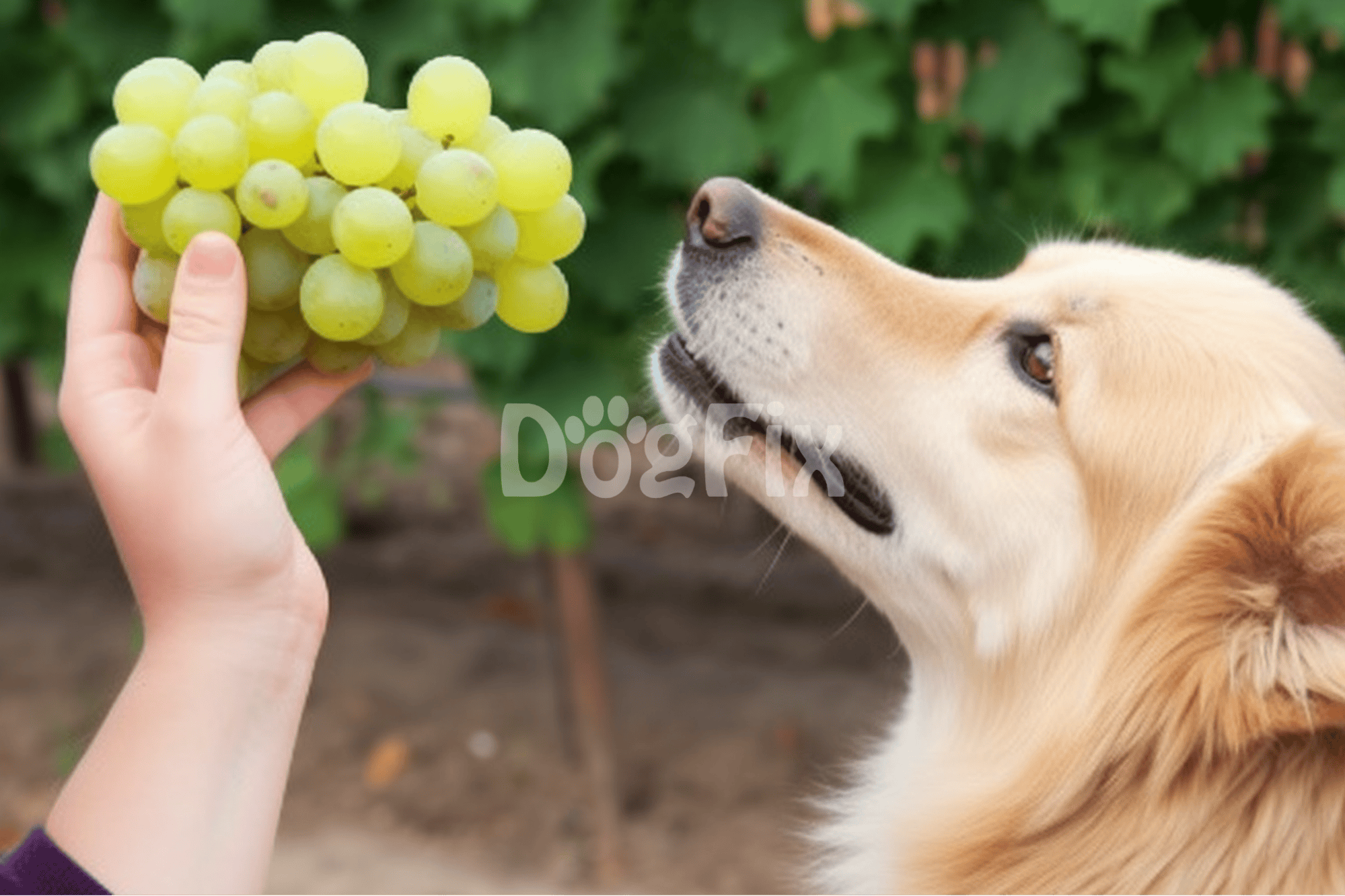 Dog looking at grapes, warning about toxic foods for dogs, pet health and safety advice.