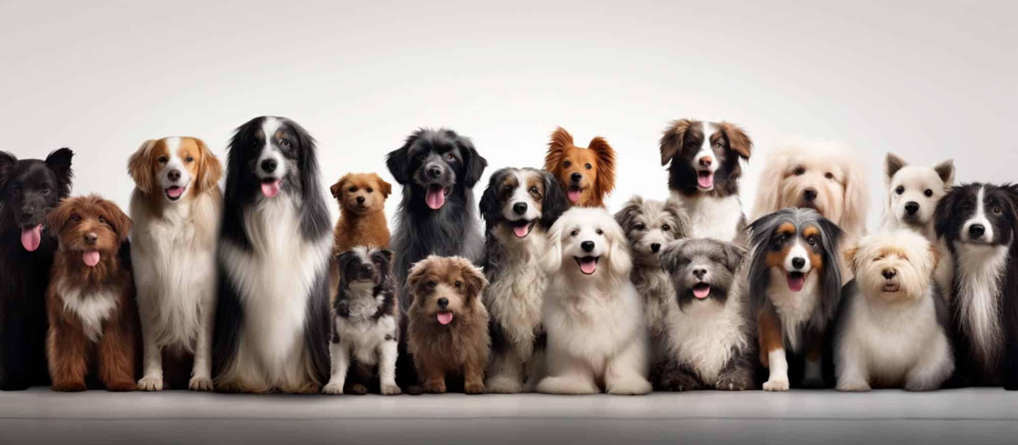 Adorable group of various dog breeds smiling with tongue out, sitting on neutral background.