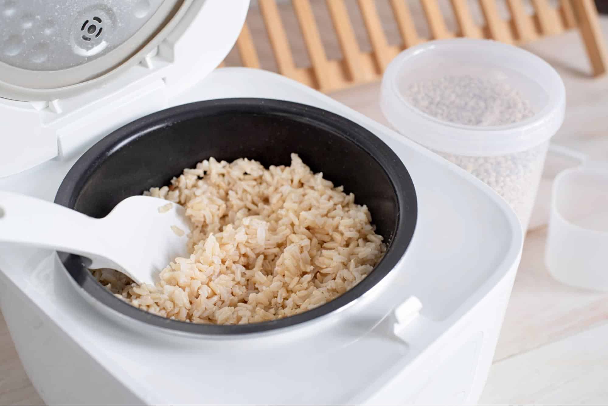 High-quality rice cooked in a pet-friendly rice cooker for healthy dog food.