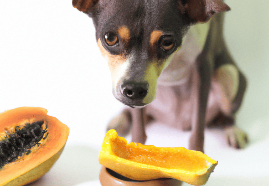 Adorable dog with papaya for healthy eating habits.