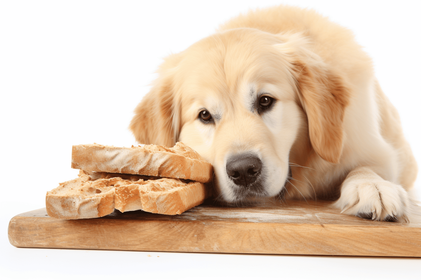 Dog, bread, puppy, food, treats, snack, loaf, pet, sitting, laying, resting, adorable, cute, happy, wellness, health, nutrition, comfort, cuteness, domestic, home, lifestyle.