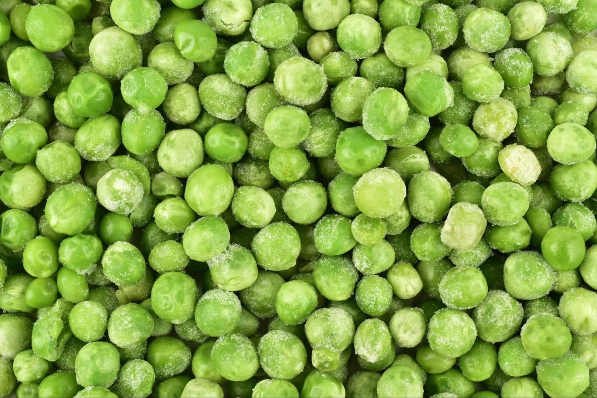 Vibrant frozen green peas with frost for nutritious dog treats or meals.