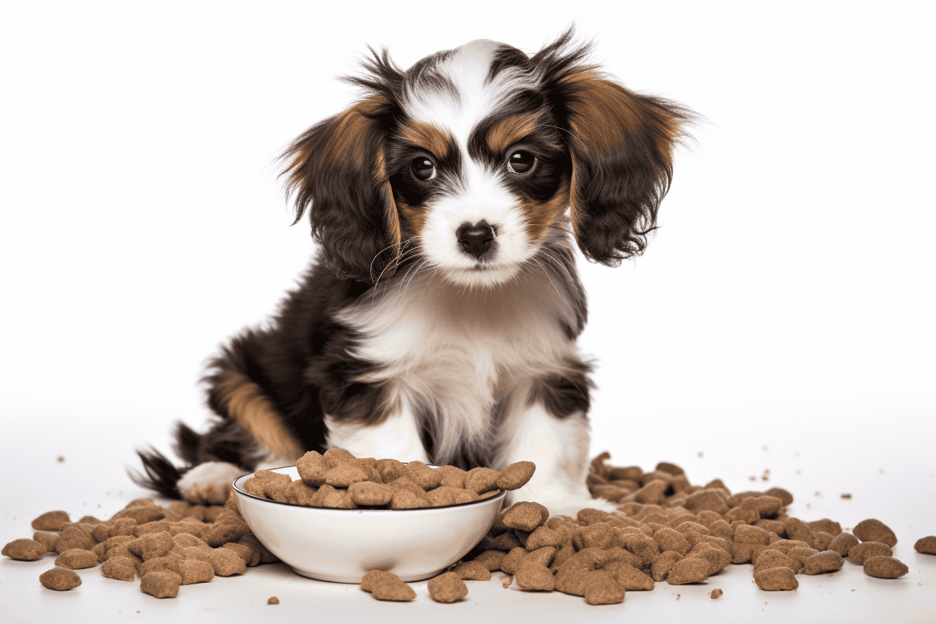 Adorable puppy sitting with a bowl of dry dog food, surrounded by scattered kibble on white background.