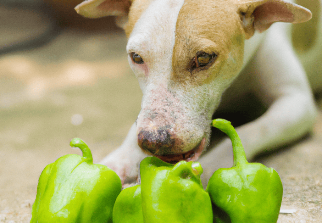 Close-up of a dog inspecting green peppers on the ground for optimal health and diet.