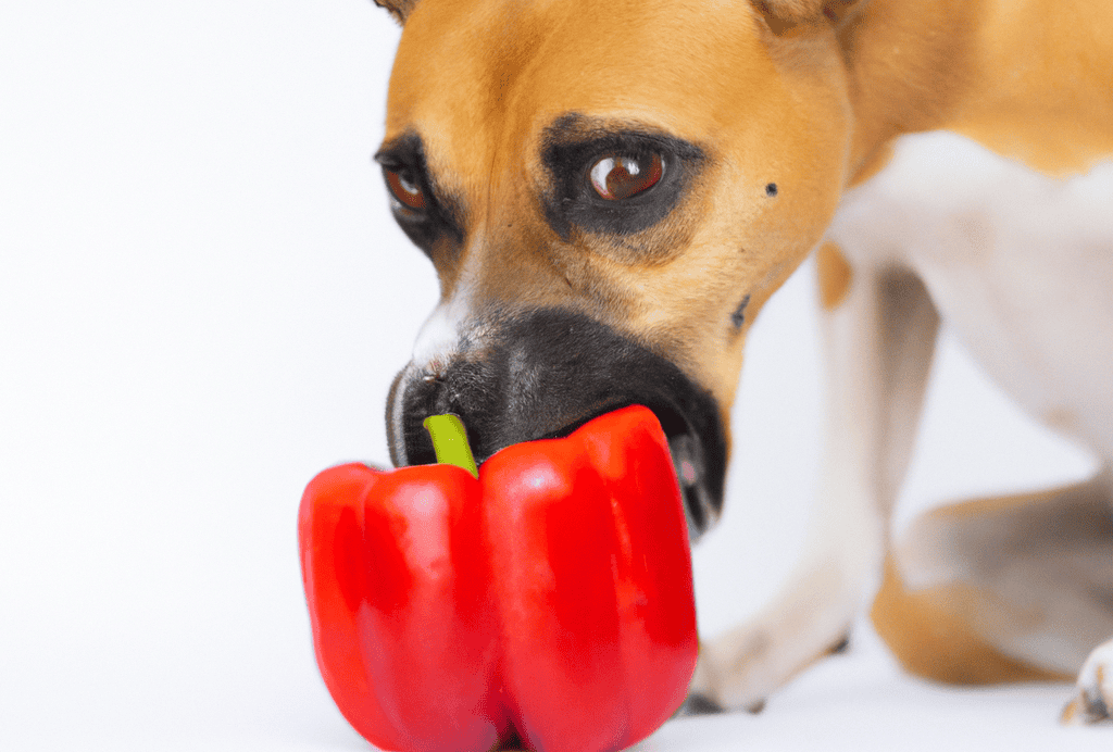 Dog with a red bell pepper in its mouth, promoting healthy pet food options.