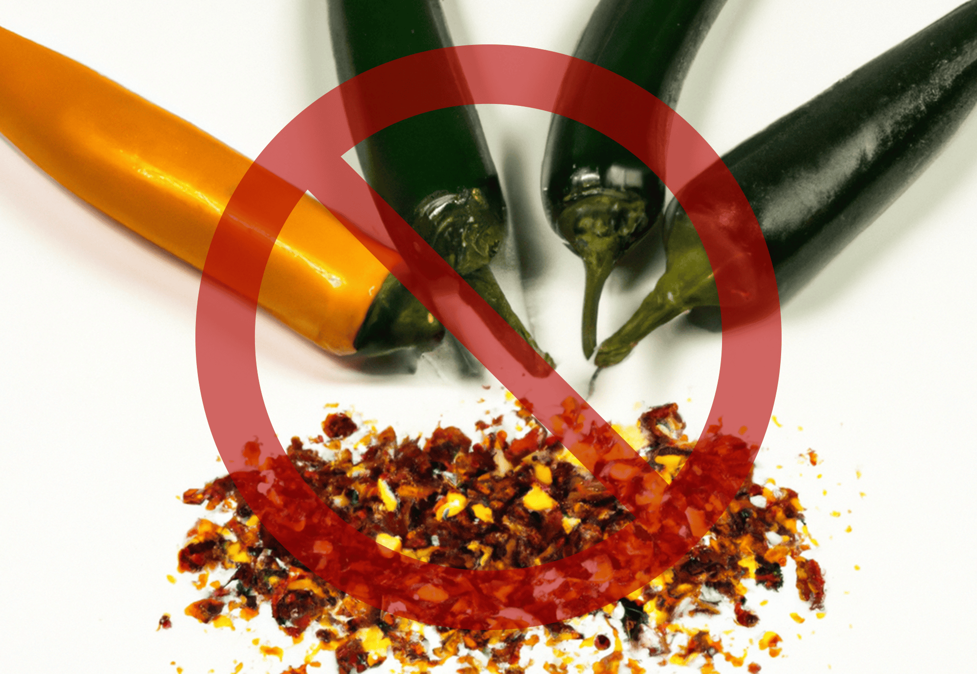 Colorful chili peppers with a red prohibition symbol, indicating spicy foods are harmful for dogs.
