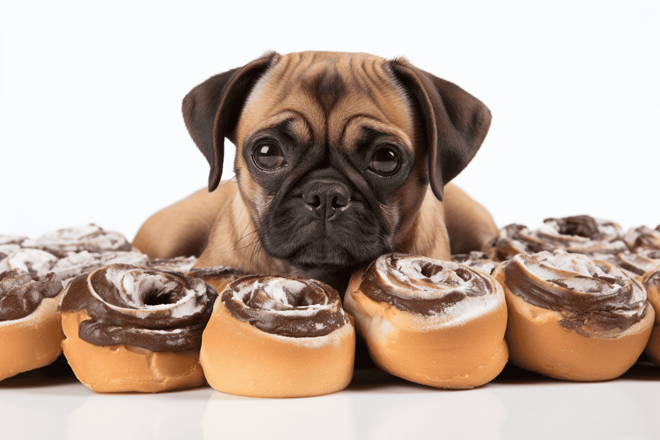 Adorable puppy surrounded by cinnamon rolls, tempting treats, and sweets. Perfect for dog treat recipes and baking ideas.