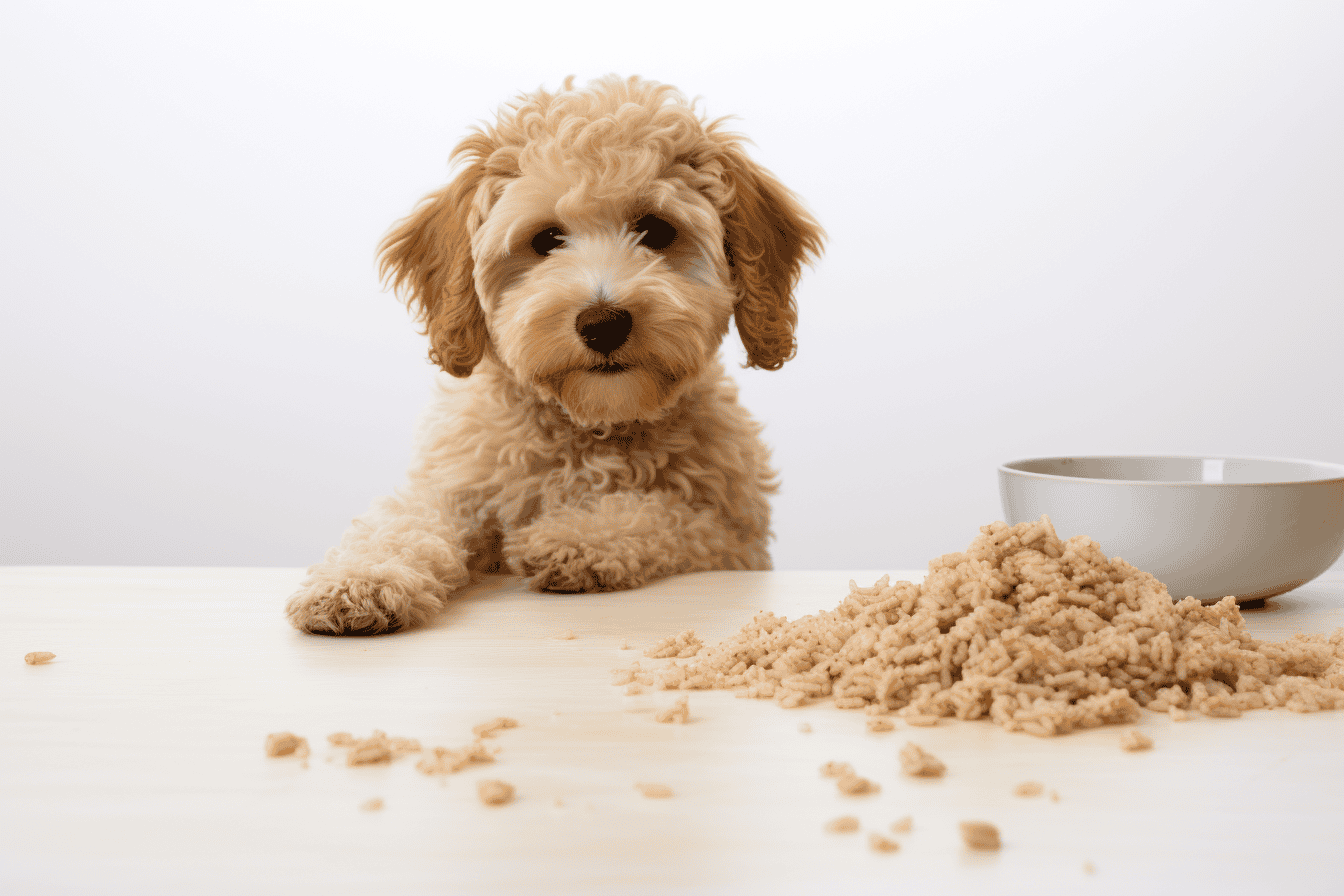 Cute puppy next to a pile of kibble and a bowl, looking at the camera.