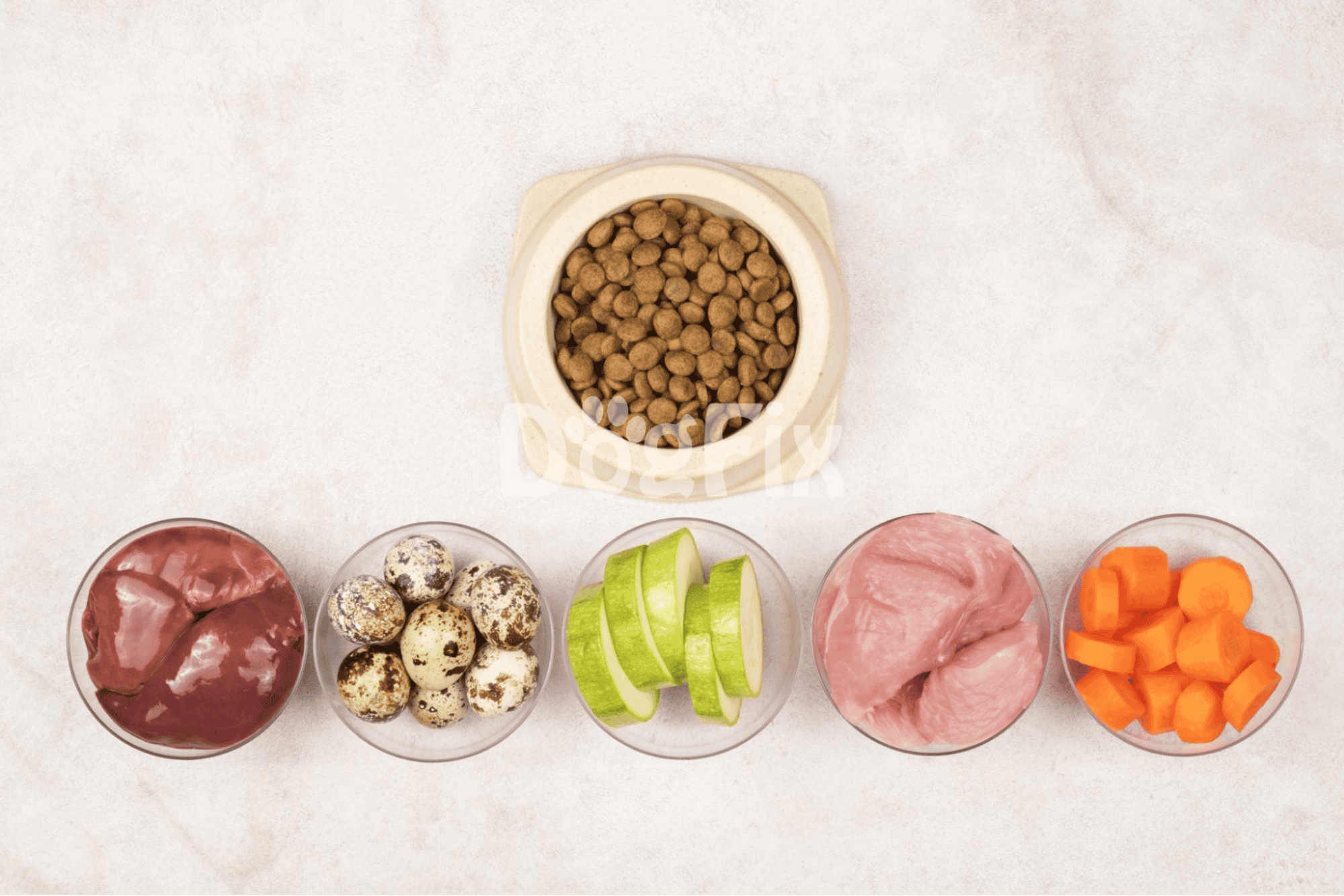 High-quality dog food ingredients with meats, vegetables, and supplements for balanced canine nutrition.