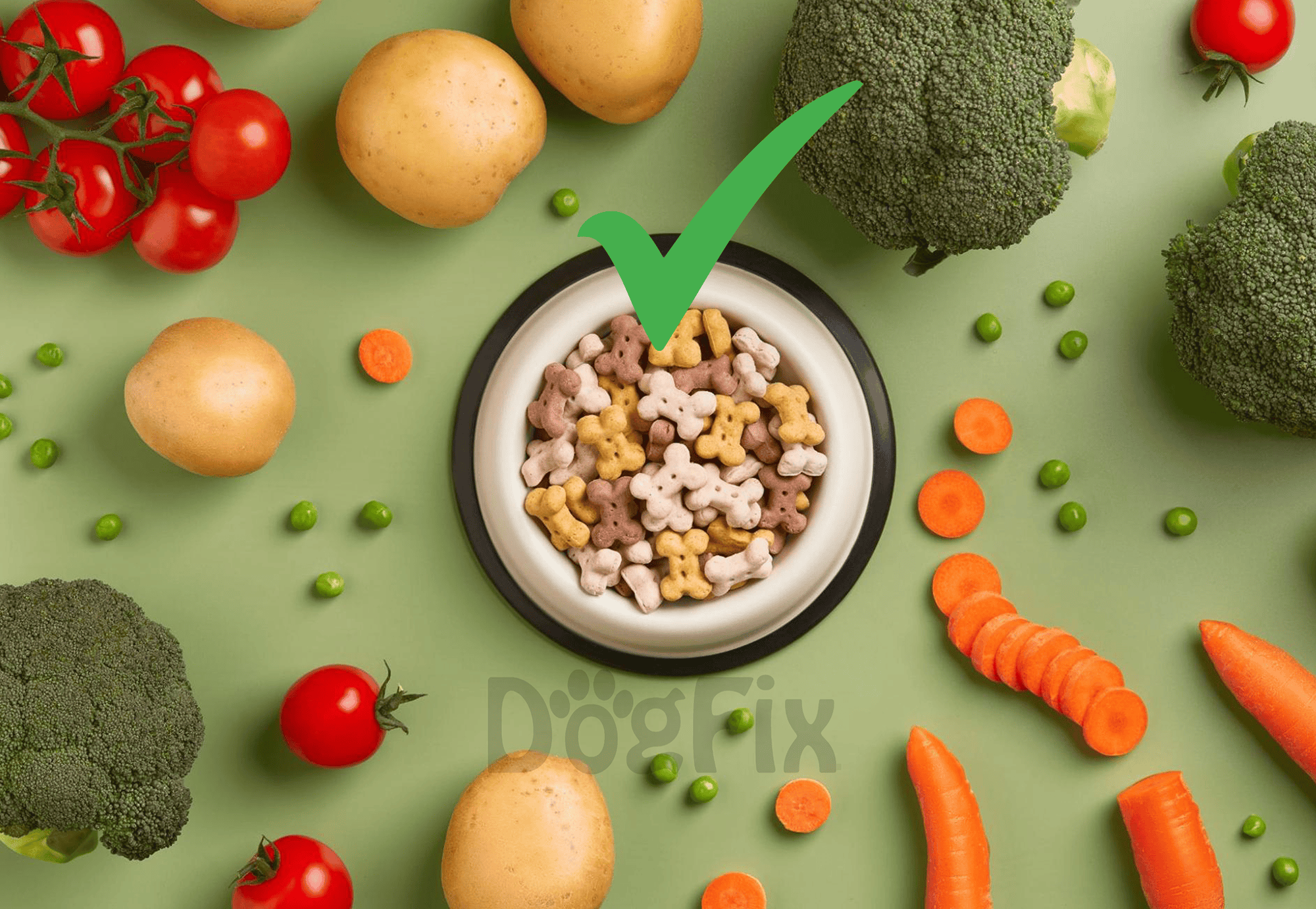 Brightly colored dog treats in a bowl, surrounded by fresh vegetables on a green background.