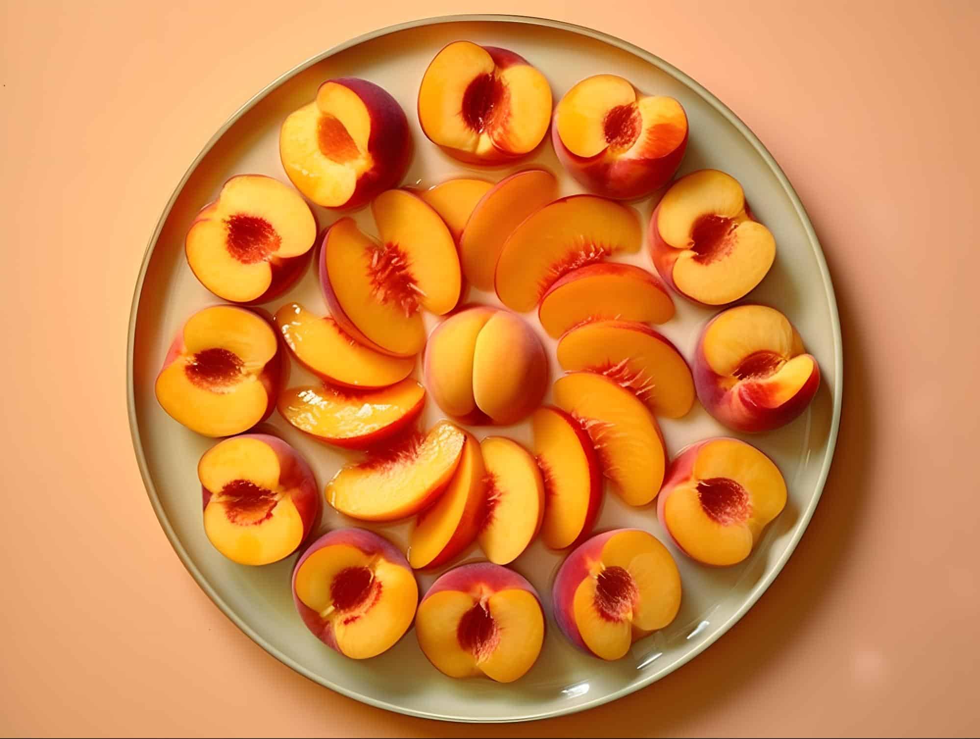 Juicy peach slices with vibrant orange and red skin on a light background.