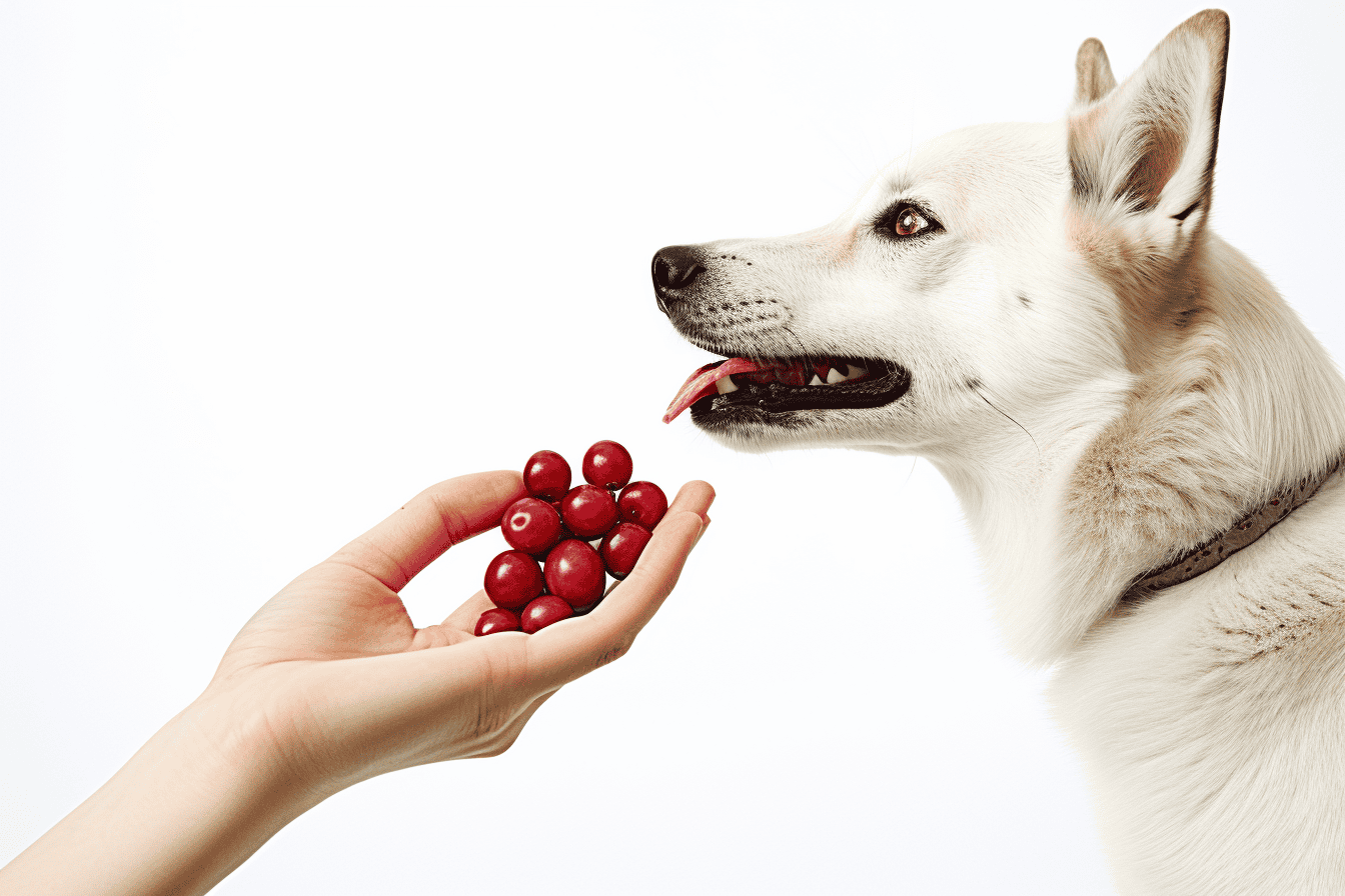 Alt text: White dog tongue out to receive cranberries from a human hand, promoting dog health and nutrition.