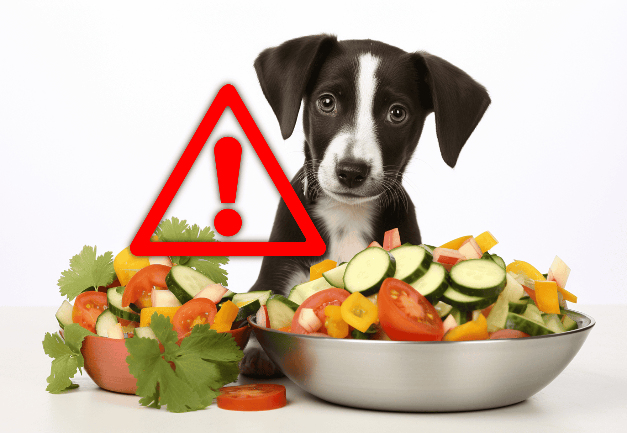 Warning sign indicating harmful foods for dogs with a playful puppy and colorful vegetable salad.