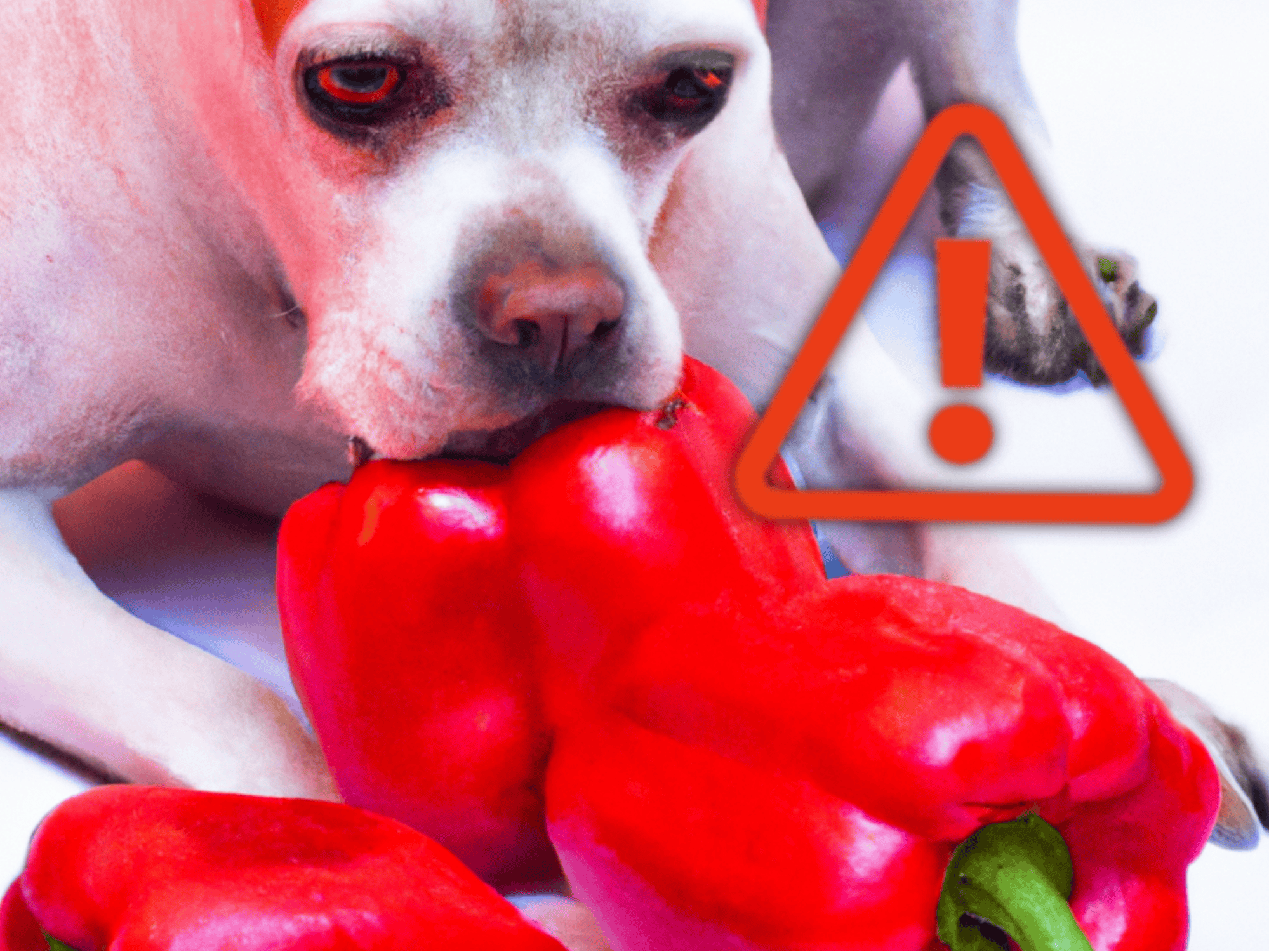 Close-up of a dog with red peppers in mouth, warning about toxic foods for pets.