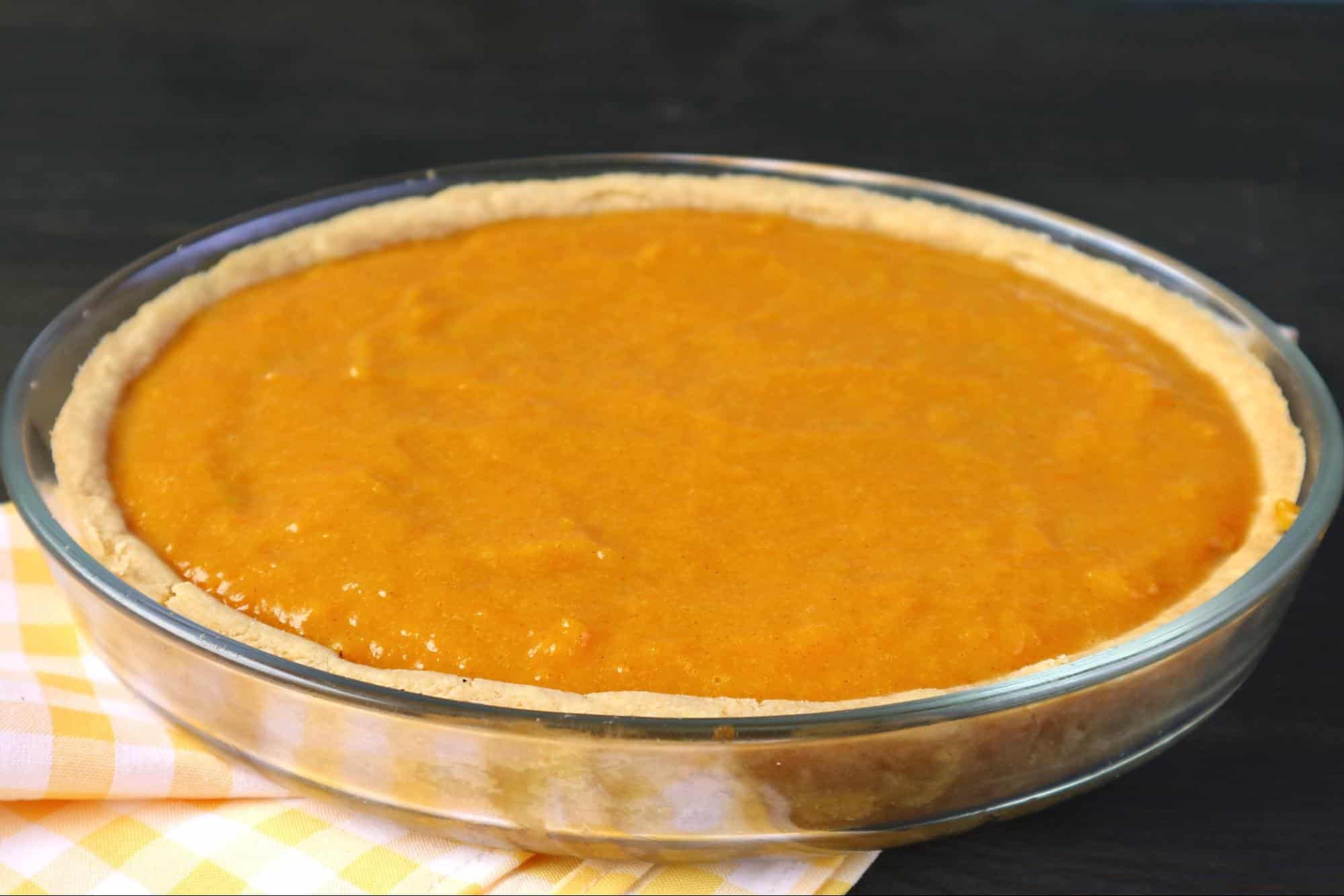 Dog friendly pie with healthy sweet potato topping in glass dish.