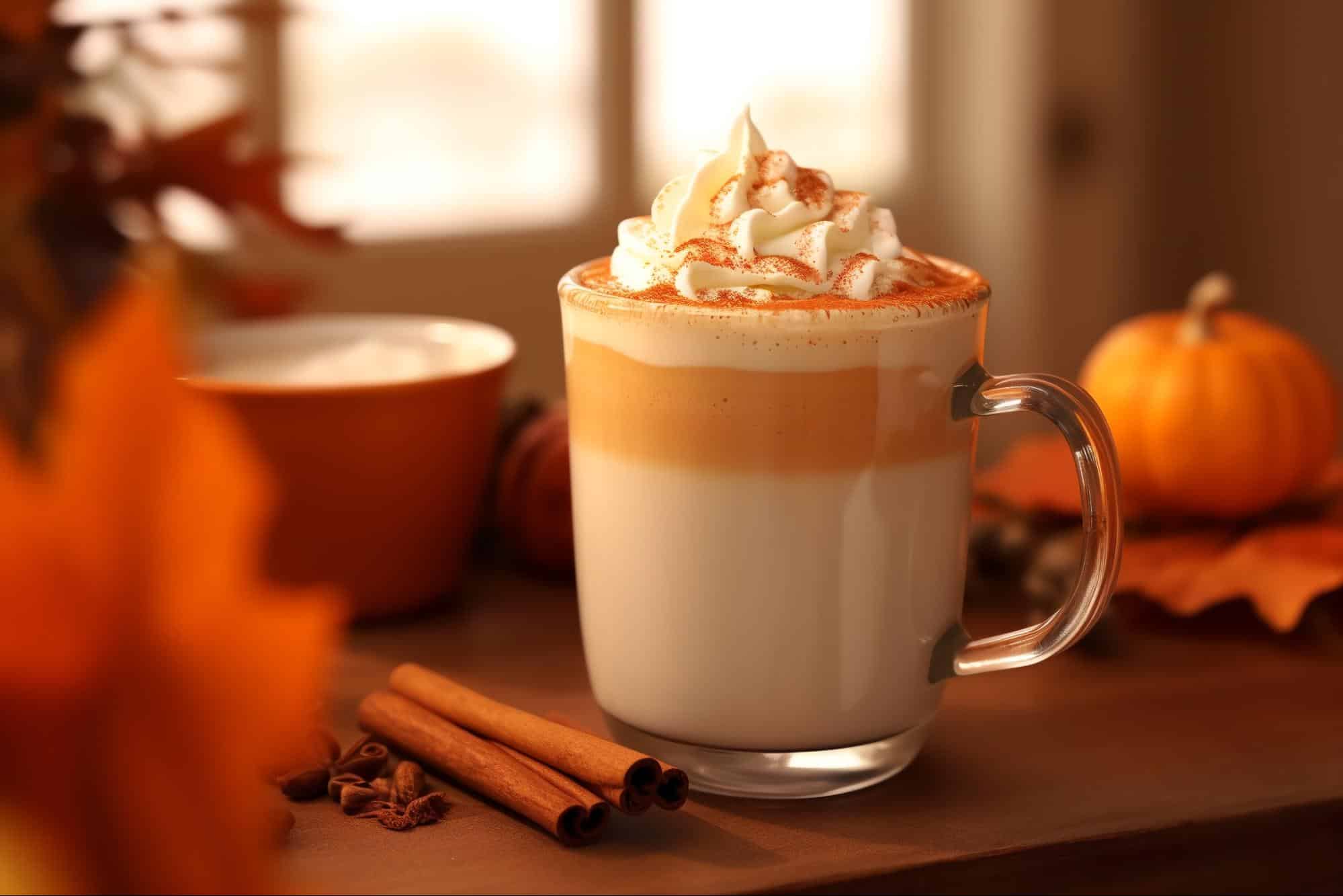 Cozy pumpkin spice latte topped with whipped cream and cinnamon sticks on a wooden table.