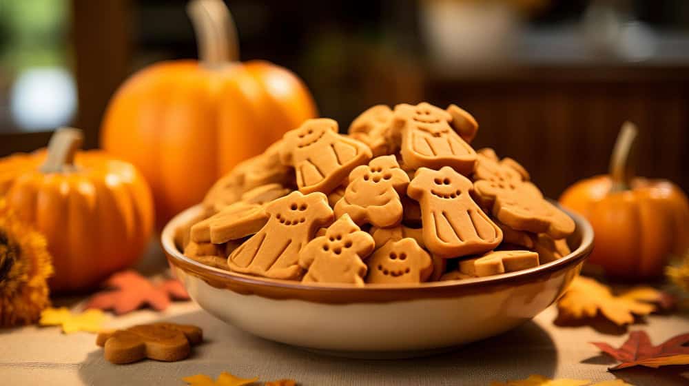 Festive Halloween pumpkin cookies for dogs surrounded by autumn leaves and pumpkins.