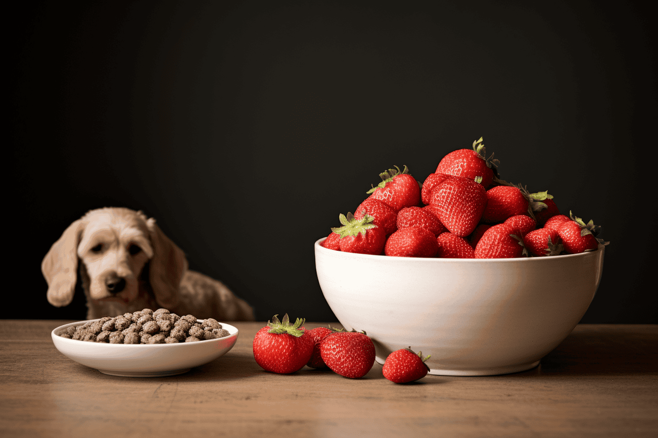 Bright red strawberries in a white bowl with dog treats and a puppy, healthy dog snacks, pet food ingredients.