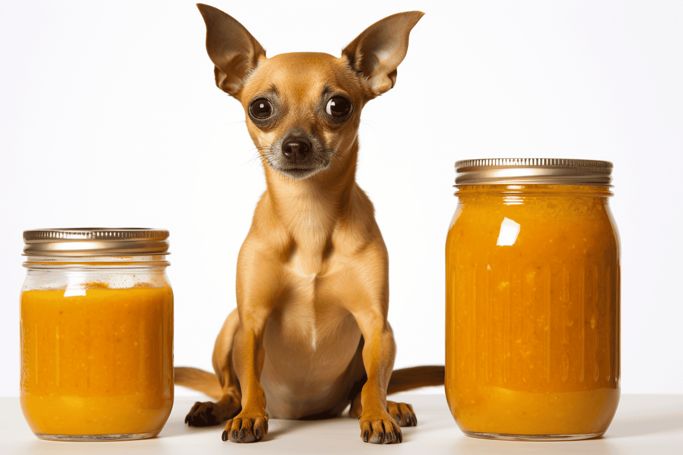 Dog alt text: Chihuahua with jars of homemade dog food or treats on a white background.