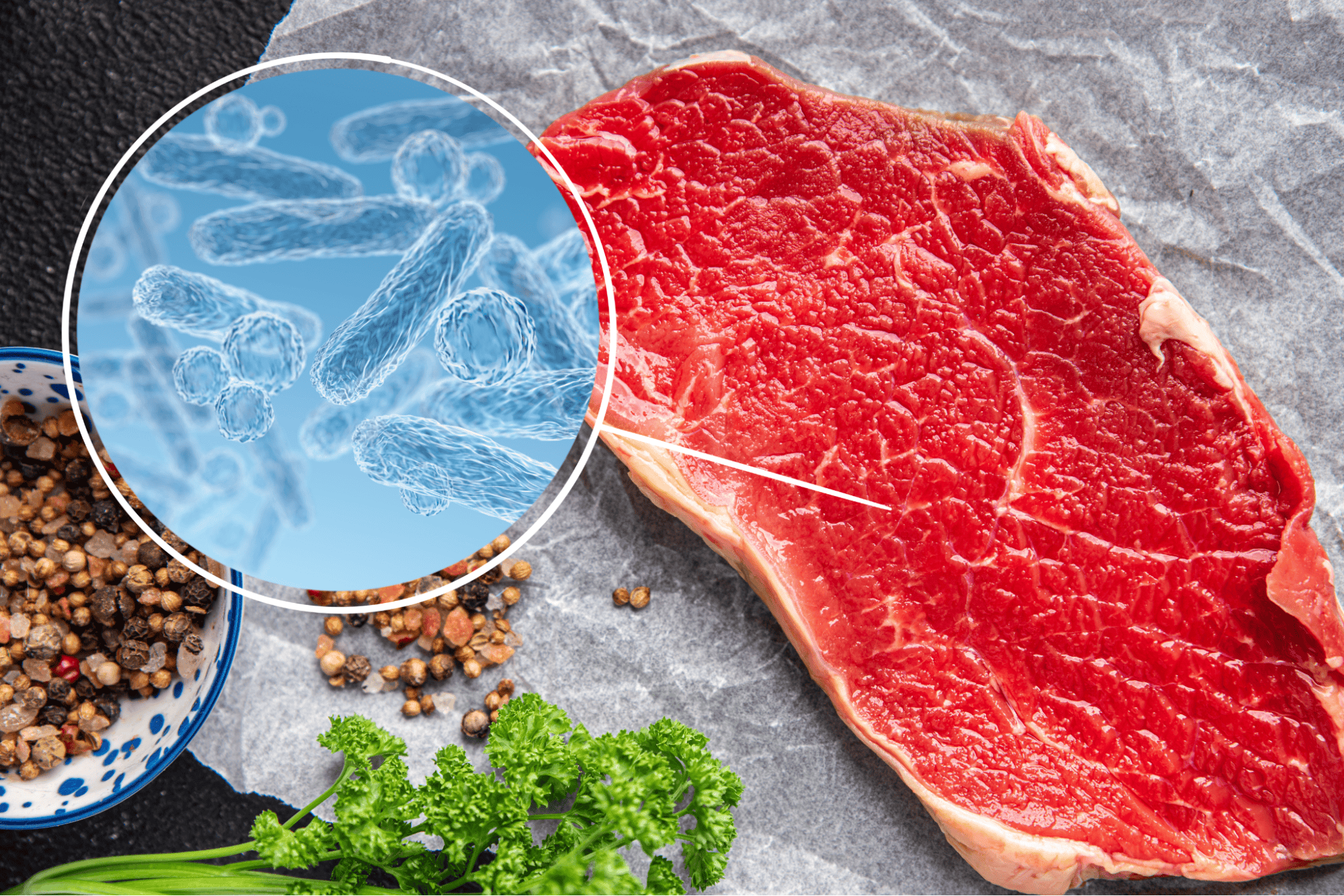 High-quality raw beef steak with bacteria illustration, suitable for pet food health and safety context.