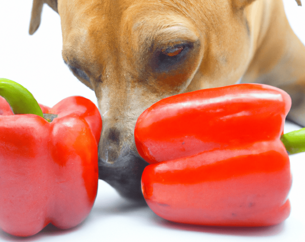 Dog with red bell peppers for healthy eating and nutrition.