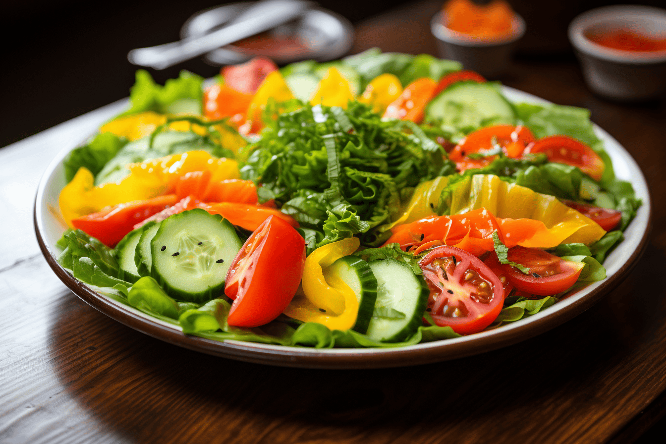 Bright, colorful vegetable salad with fresh cucumbers, tomatoes, and peppers in a white dish for healthy eating and dietary options.